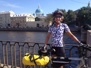 Pamela at the end of a 1600 mile ride from Krakow, Poland to St Petersburg, Russia.