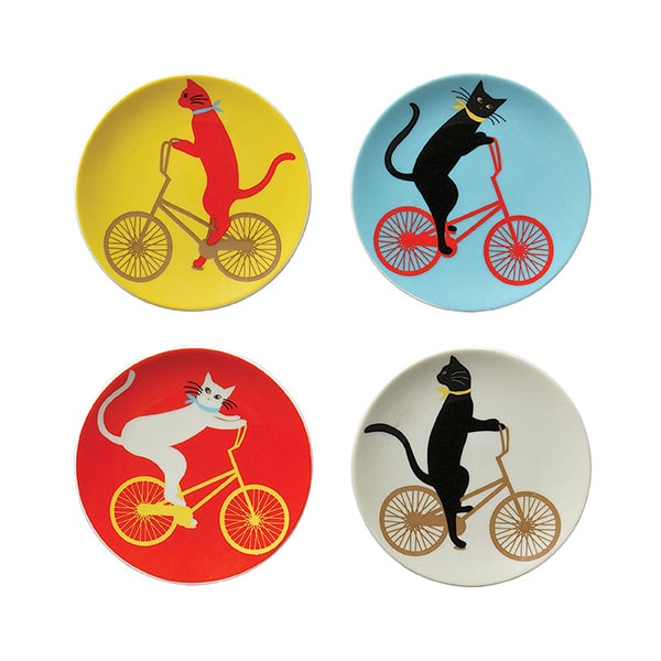 Cats on bikes on china plates, set of 4, $40