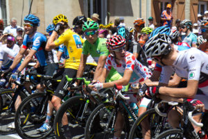 The race leaders line up showing Tour de France Jerseys for the start of a stage in the 2012 Tour de France