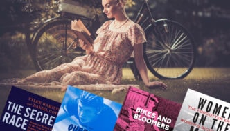 Book corner - woman reading a book in a park, with montage of covers of 4 books on cycling topics