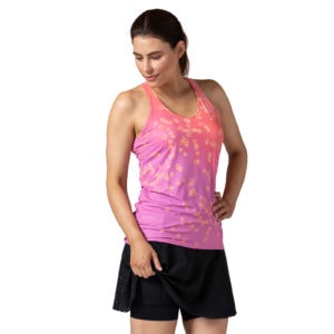 Model wearing Terry Soleil Racer Tank cycling top, a favorite choice for indoor cycling, shown in pink, front view