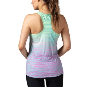 Model wearing Terry Soleil Racer Tank cycling top, a favorite choice for indoor cycling, shown in Speed Bump colorway.