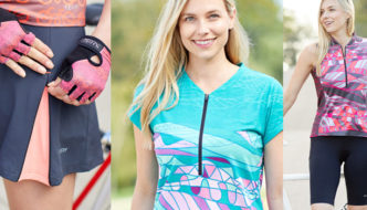 montage image of 3 Terry womens cycling apparel, showing colorful patterns and new features