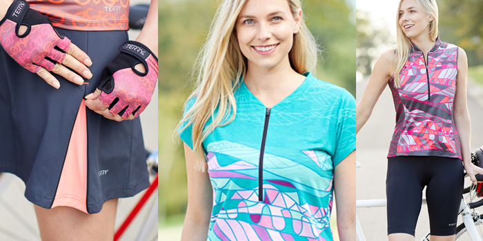 montage image of 3 Terry womens cycling apparel, showing colorful patterns and new features