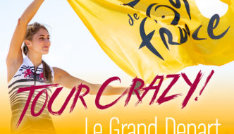 Photo montage showing a model wearing a Terry sleeveless cycling jersey from the limited edition Tour de France 2019 collection, holding a bright yellow Tour de France flag, and showing Test: Tour Crazy – Le Grand Depart