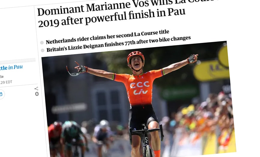 Headlines reporting Marianne Vos's victory in La Course, the Women's Tour de France 2019