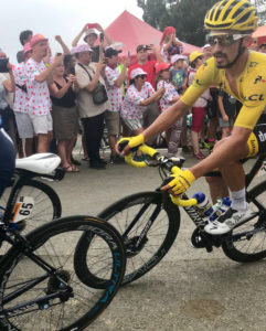 Julian Alaphillipe wearing the yellow jersey in the Pyrenees, Tour de France 2019 stage 14