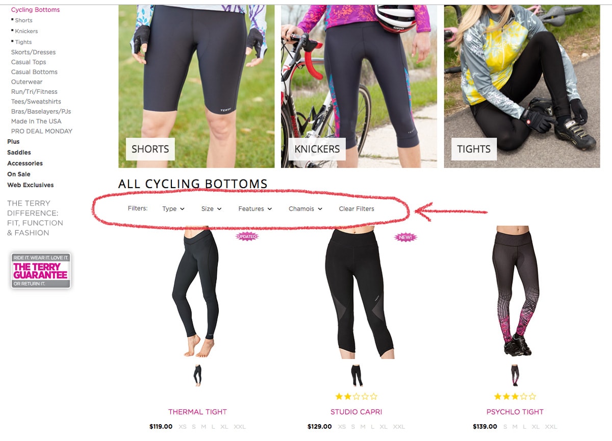 Cycling Bottoms category page on the Terry website, showing new filtering controls