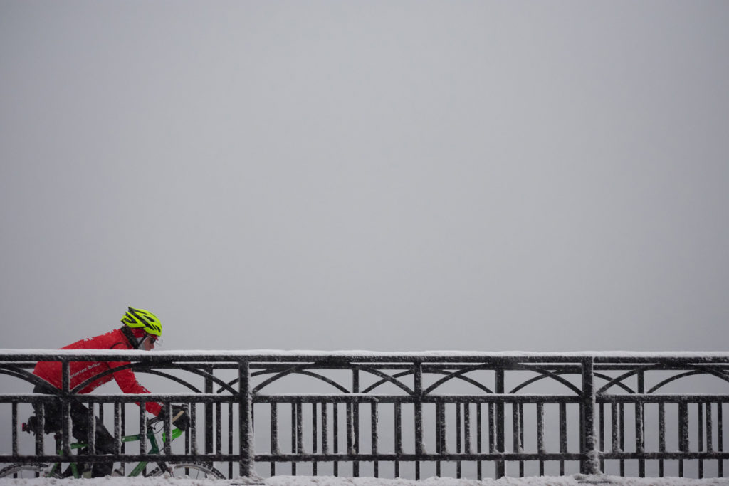 Winter road cycling on a bike path in Madison, Wisconsin