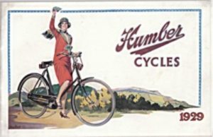 Ad for Humber Cycles, 1929, showing female cyclist on a sit up and beg style bike