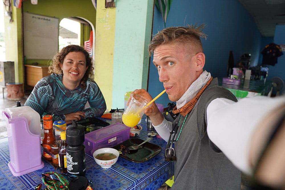 Enjoying a meal in a cafe in Bangkok, toward the end of our cycling tour of Thailand