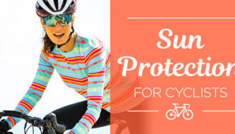 Model wearing Terry Soleil Flow cycling jersey, text reads sun protection for cyclists
