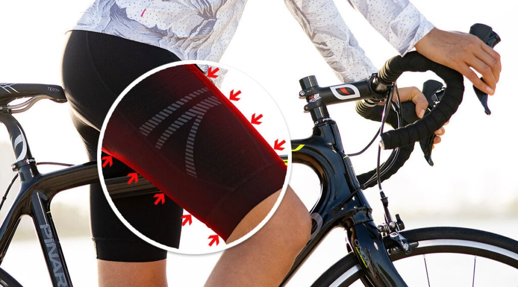 Cycling shorts worn by a woman, with enhanced effect to show the effect of compression fabric on cycling performance.