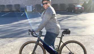 Yvonne wearing her Powerstretch Bike Tights