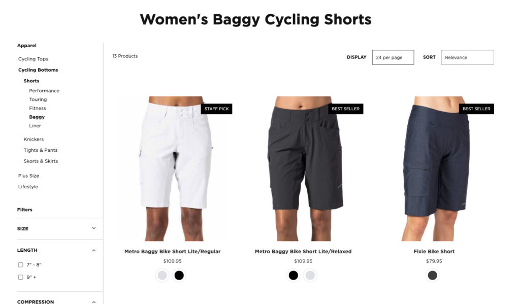 Screenshot of Terry website showing baggy shorts category
