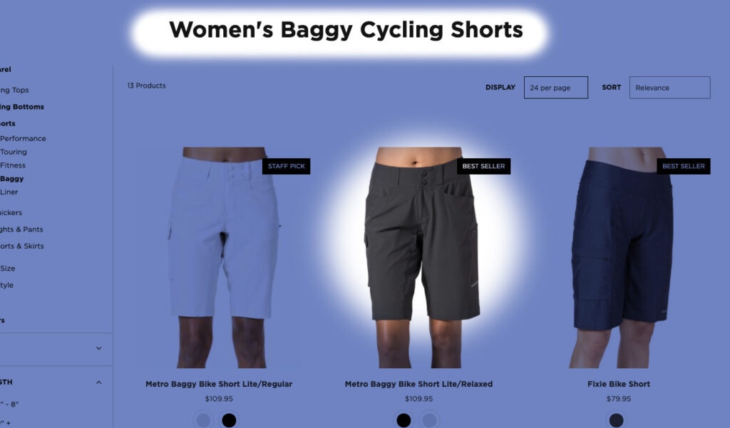 Screenshot of Terry website showing baggy shorts category, with highlighting