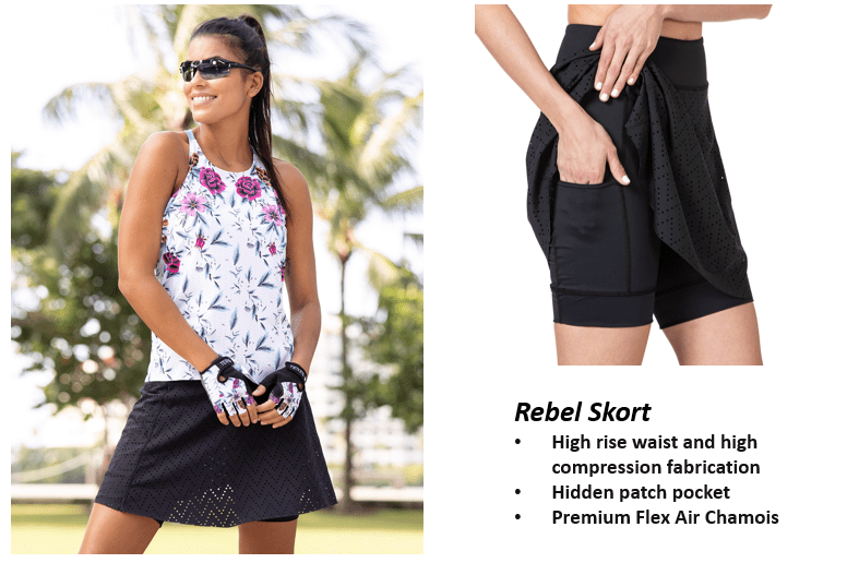 Rebel Skort: High rise waist and high compression fabrication; Hidden patch pocket; Premium Flex Air chamois
