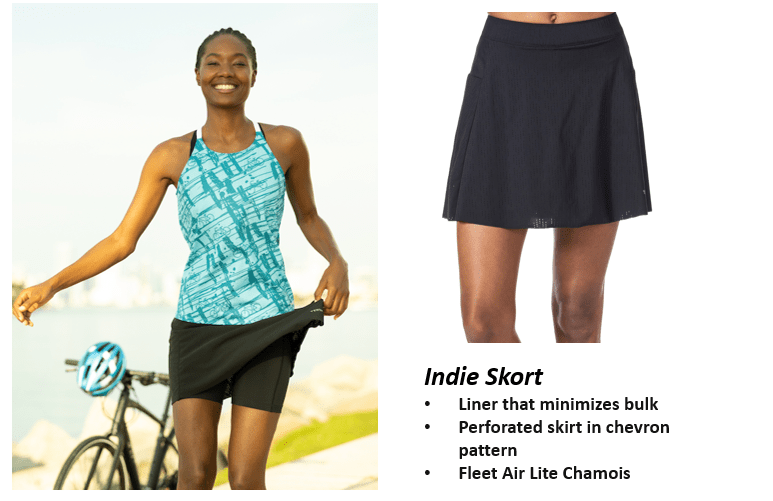 Indie Skort: Liner that minimizes bulk; Perforated skirt in chevron pattern; Fleet Air Lite chamois