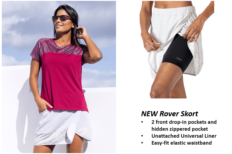 New Rover Skort: 2 front drop in pockets and hidden zippered pocket; Unattached Universal Liner; Easy-fit elastic waistband