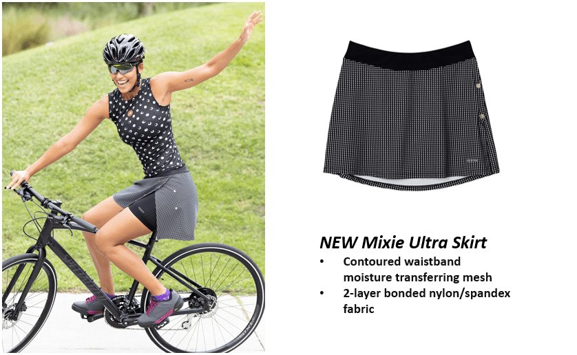 New Mixie Ultra Skirt: Contoured waistband; Moisture transferring mesh; 2-layer bonded nylon/spandex fabric