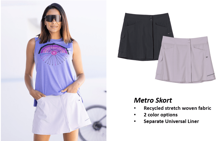 Metro skort: Recycled stretch woven fabric; 2 color options; Separate Universal Liner